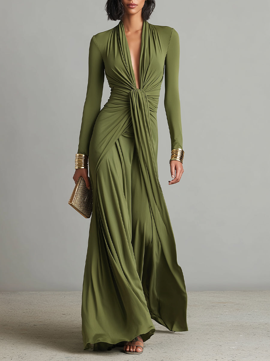 Olive Silky Maxi Dress with Deep V-Neck & Ruched Detail for Women