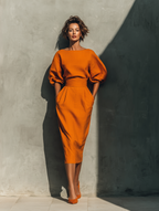 Orange Mid-Sleeve Top and Midi Skirt Set for Women - Casual Outfit for Everyday Wear