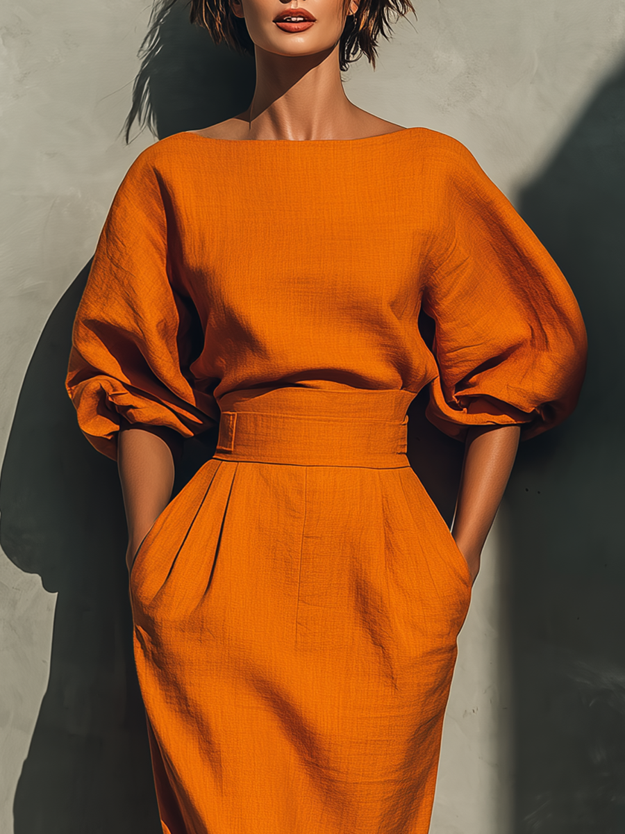 Orange Mid-Sleeve Top and Midi Skirt Set for Women - Casual Outfit for Everyday Wear