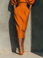 Orange Mid-Sleeve Top and Midi Skirt Set for Women - Casual Outfit for Everyday Wear
