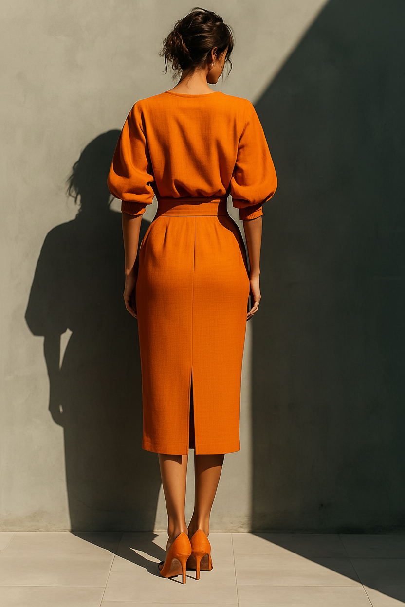 Orange Mid-Sleeve Top and Midi Skirt Set for Women - Casual Outfit for Everyday Wear