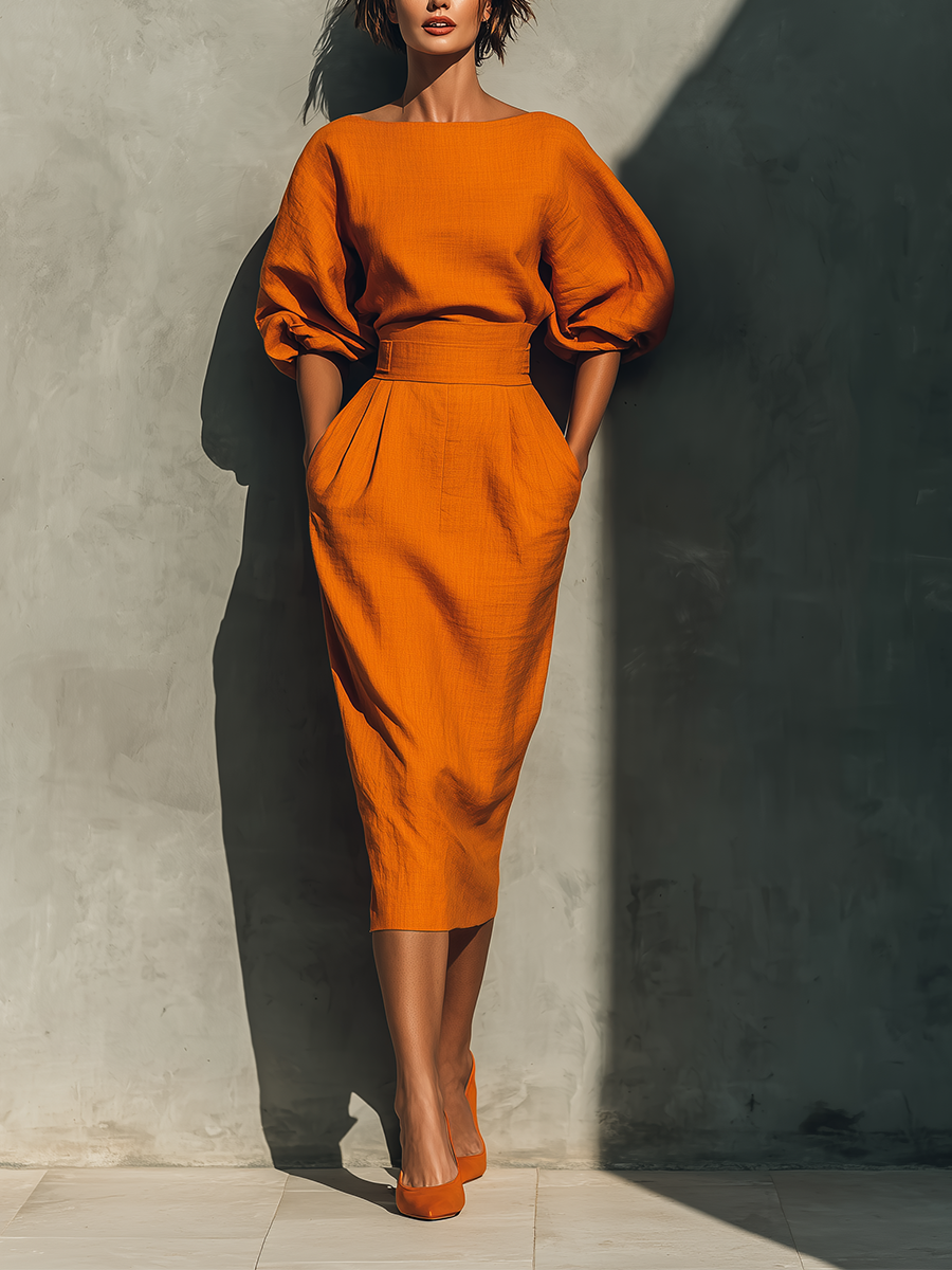 Orange Mid-Sleeve Top and Midi Skirt Set for Women - Casual Outfit for Everyday Wear