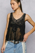 POL Openwork V-Neck Crochet Tank