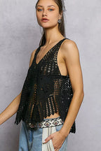 POL Openwork V-Neck Crochet Tank