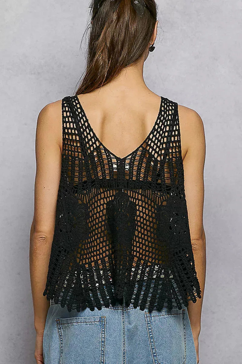 POL Openwork V-Neck Crochet Tank