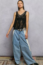 POL Openwork V-Neck Crochet Tank