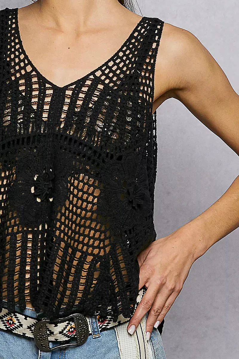 POL Openwork V-Neck Crochet Tank