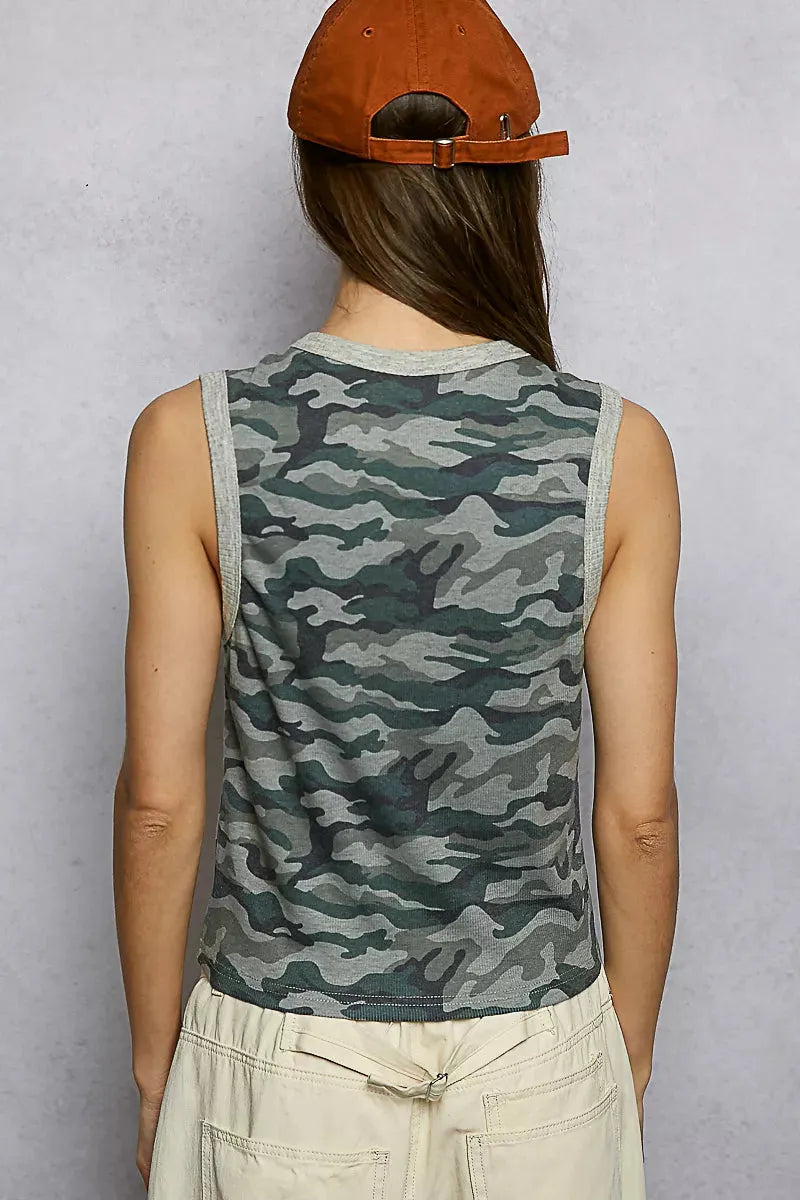 POL Studded Camouflage V-Neck Cropped Tank