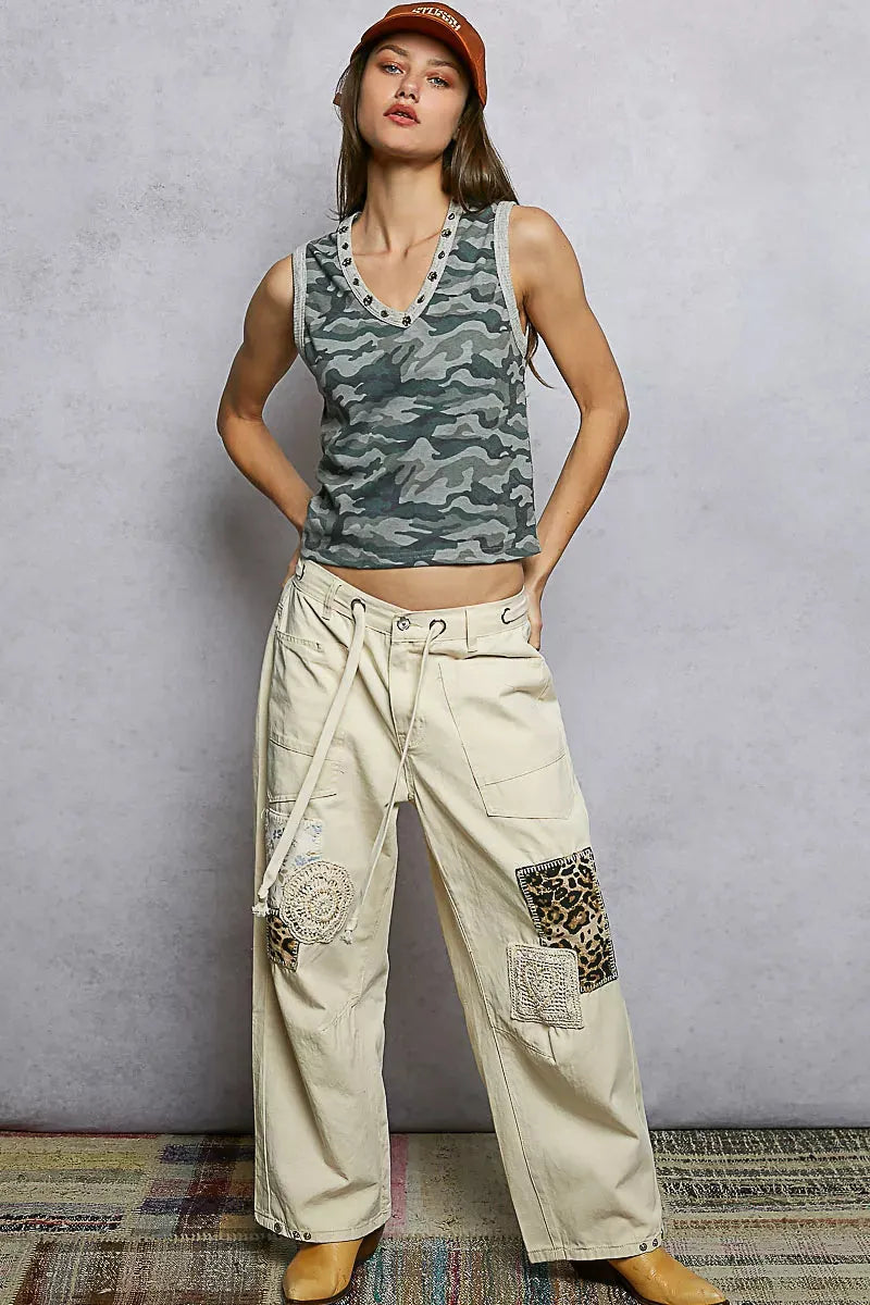 POL Studded Camouflage V-Neck Cropped Tank