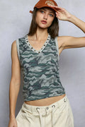 POL Studded Camouflage V-Neck Cropped Tank