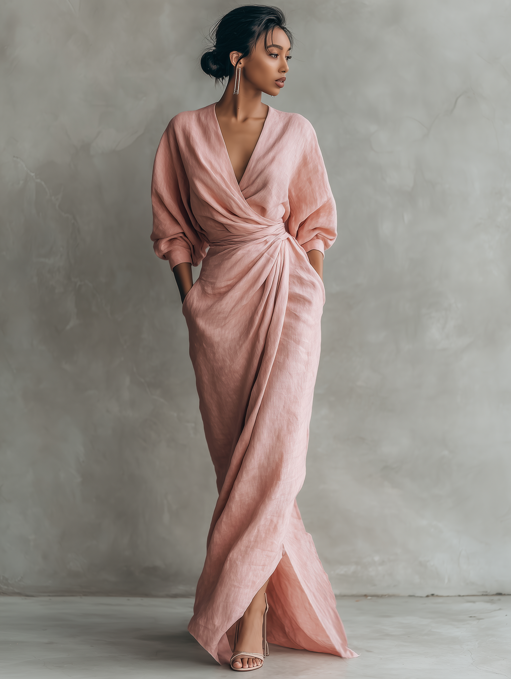 Pink Linen Blend Maxi Dress for Women - Minimalist V-neck Design