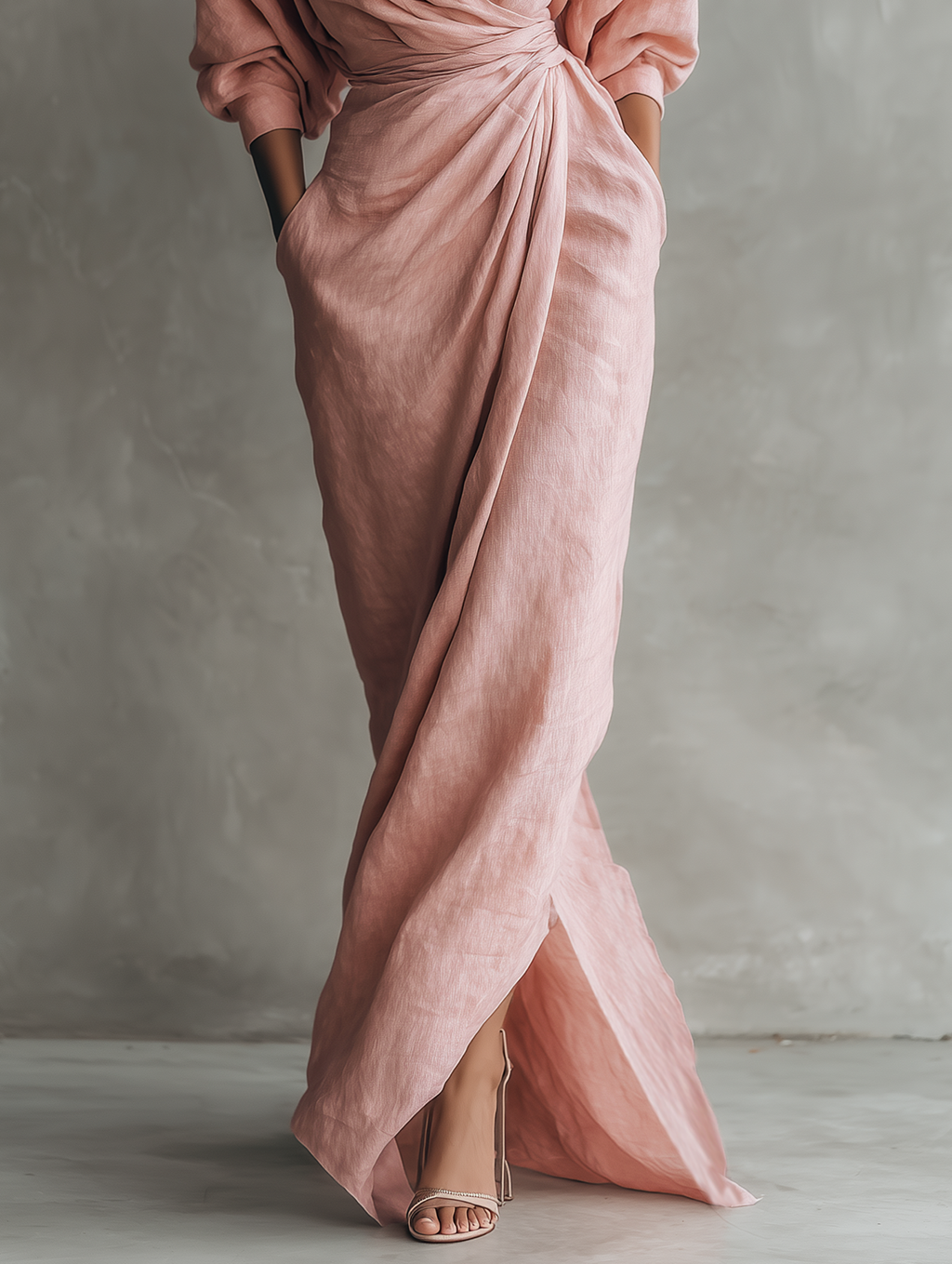 Pink Linen Blend Maxi Dress for Women - Minimalist V-neck Design