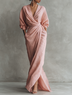 Pink Linen Blend Maxi Dress for Women - Minimalist V-neck Design