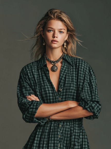 Plaid Long Sleeve Maxi Dress for Women - Casual Cotton Shirt Dress