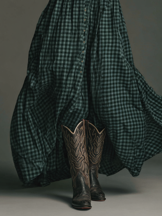 Plaid Long Sleeve Maxi Dress for Women - Casual Cotton Shirt Dress