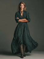 Plaid Long Sleeve Maxi Dress for Women - Casual Cotton Shirt Dress