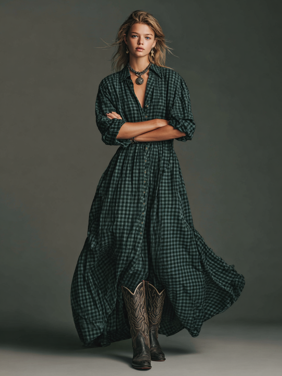 Plaid Long Sleeve Maxi Dress for Women - Casual Cotton Shirt Dress