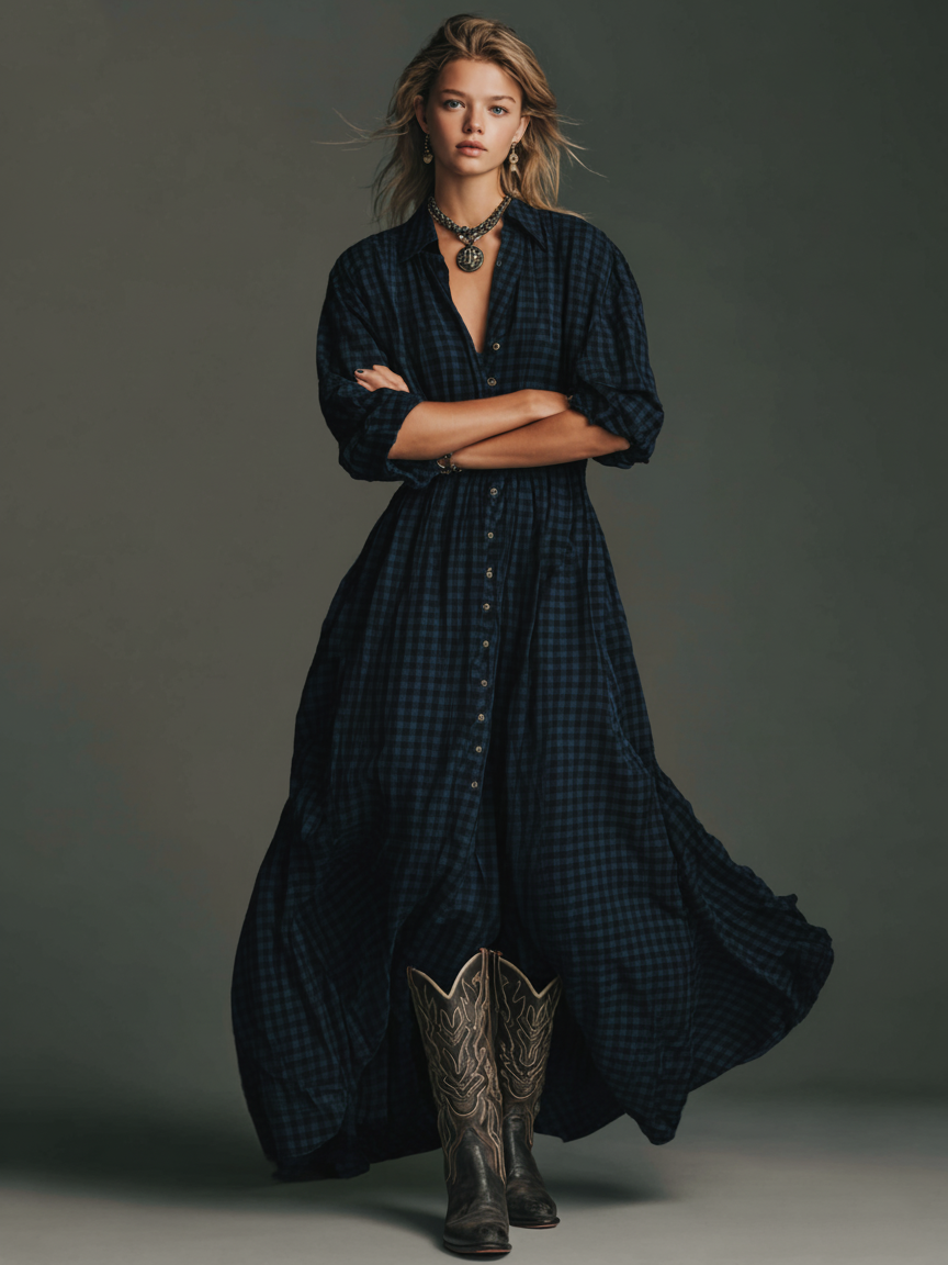Plaid Long Sleeve Maxi Dress for Women - Casual Cotton Shirt Dress