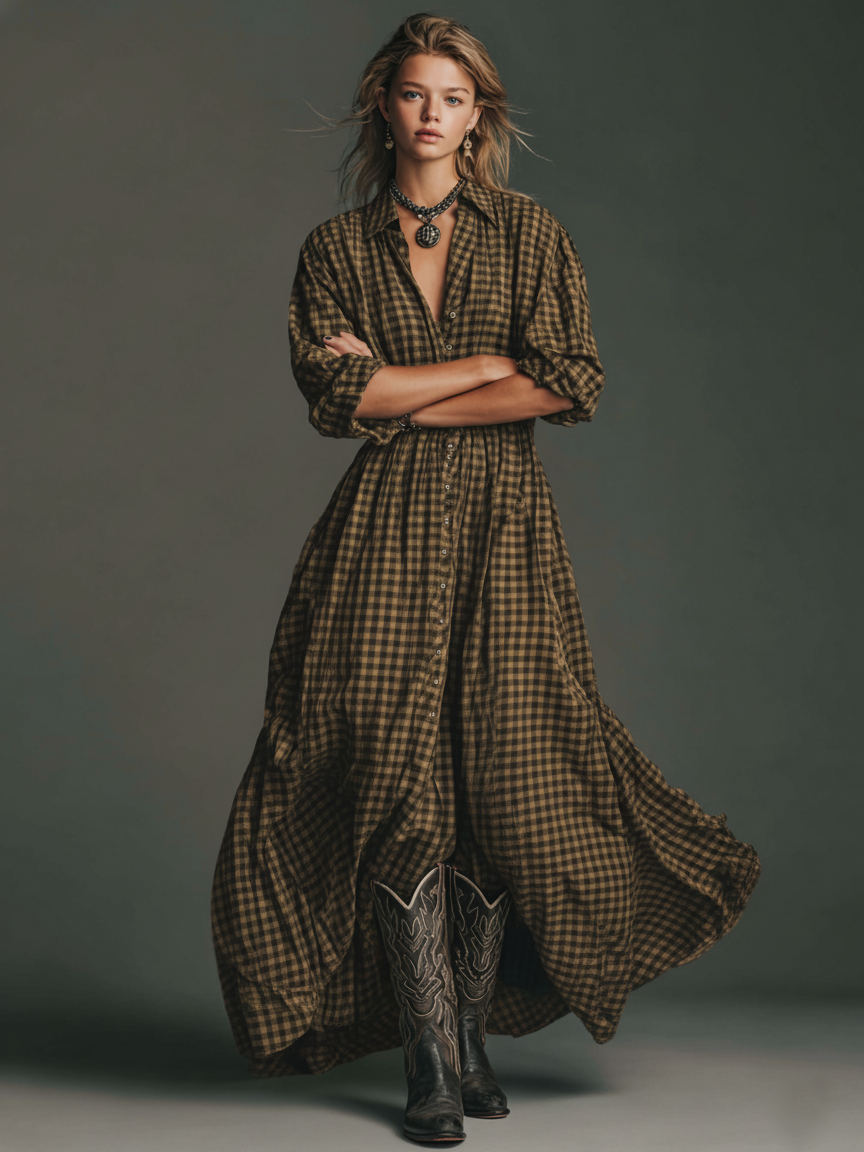 Plaid Long Sleeve Maxi Dress for Women - Casual Cotton Shirt Dress