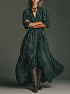 Plaid Long Sleeve Maxi Dress for Women - Casual Cotton Shirt Dress