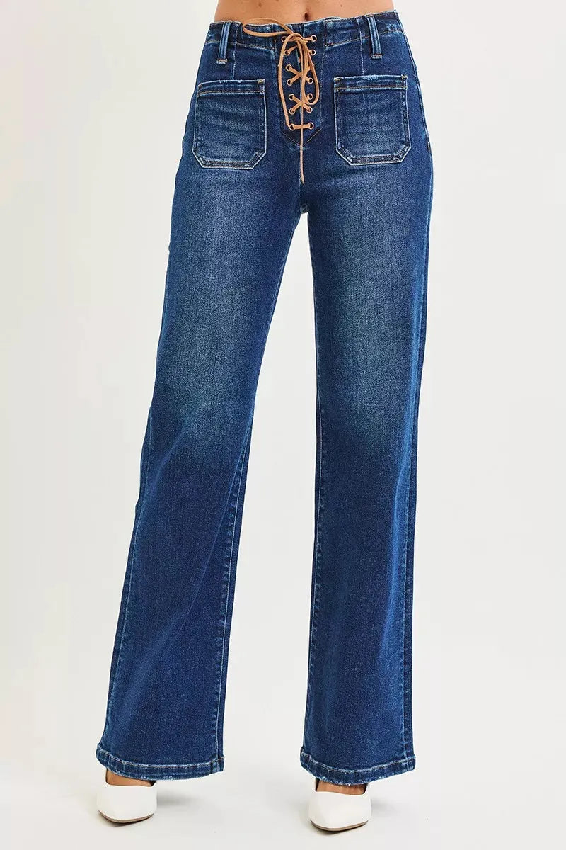 RISEN Full Size High Rise Wide Leg Jeans with Front Tie Detail Plus Size