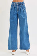 RISEN Full Size Mid Rise Fit Wide Leg with Pleated Detail Jeans Plus Size