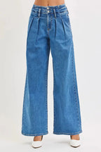 RISEN Full Size Mid Rise Fit Wide Leg with Pleated Detail Jeans Plus Size