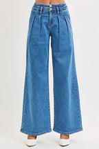 RISEN Full Size Mid Rise Fit Wide Leg with Pleated Detail Jeans Plus Size