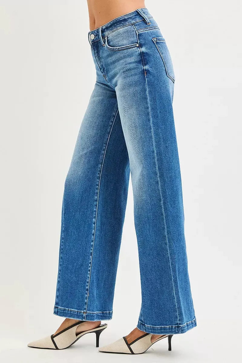RISEN Full Size Mid Rise Wide Leg Jeans with Flared Look Plus Size