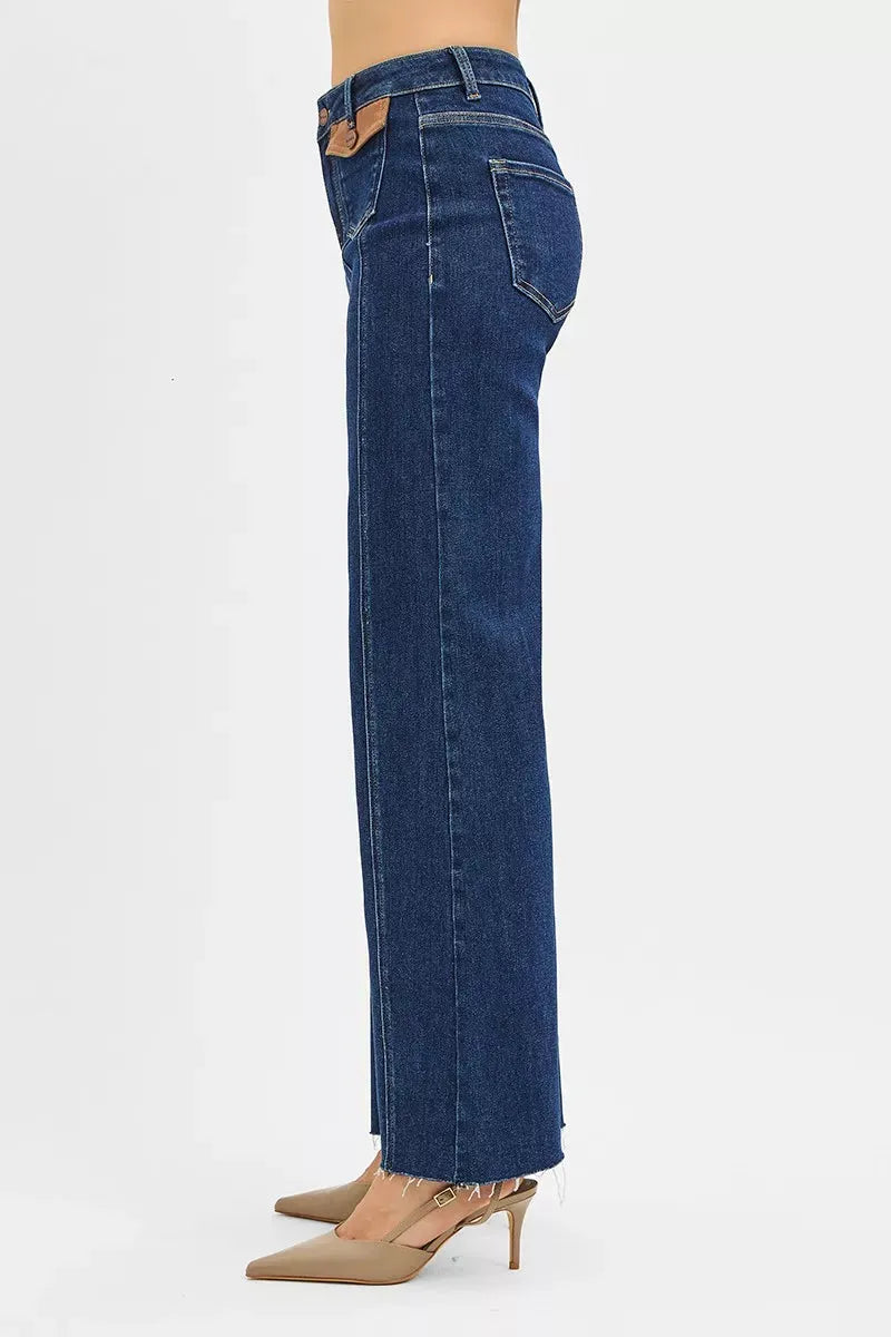 RISEN High Rise Wide Flare Jeans with Front Leather Pocket Detail