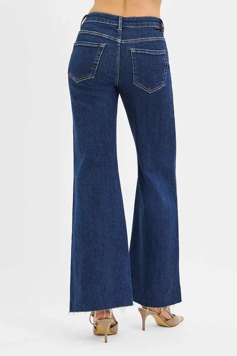 RISEN High Rise Wide Flare Jeans with Front Leather Pocket Detail