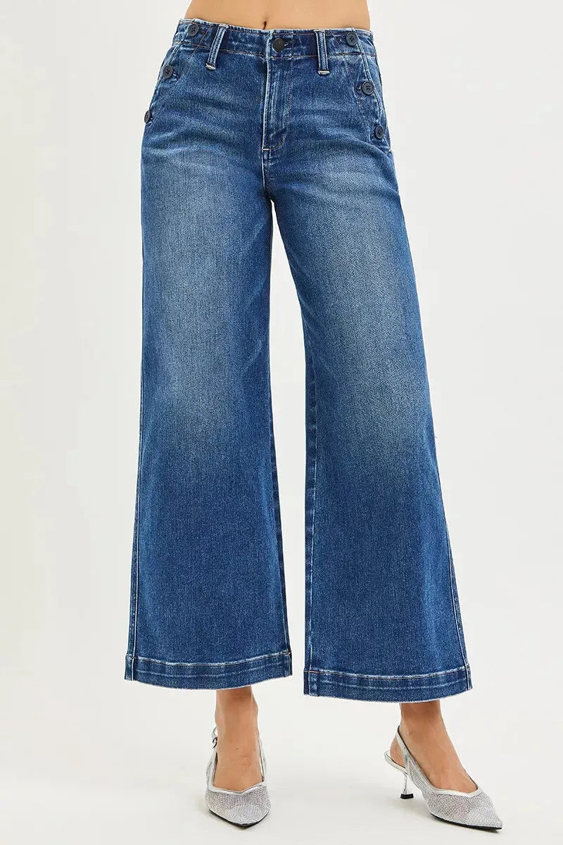 RISEN High Rise Wide Leg Jeans With Pocket Button Detail
