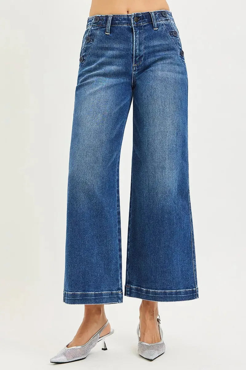 RISEN High Rise Wide Leg Jeans With Pocket Button Detail