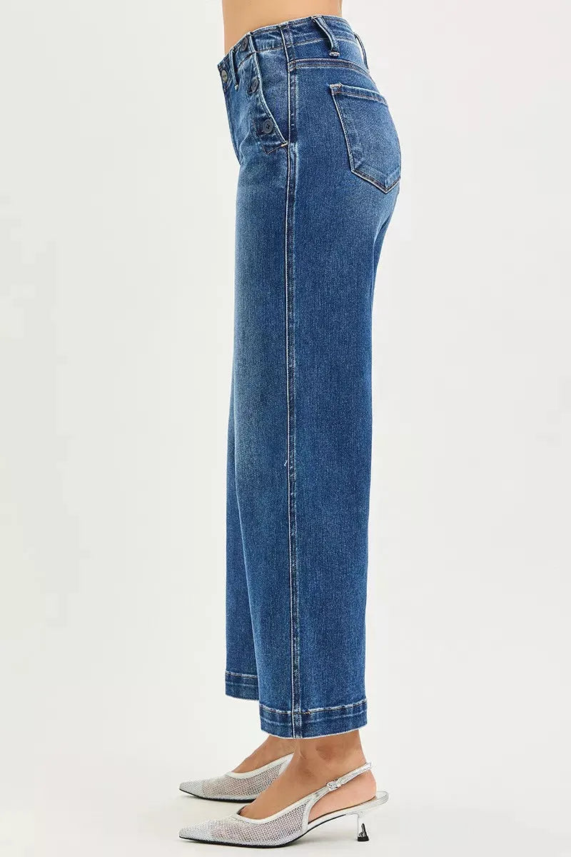 RISEN High Rise Wide Leg Jeans With Pocket Button Detail
