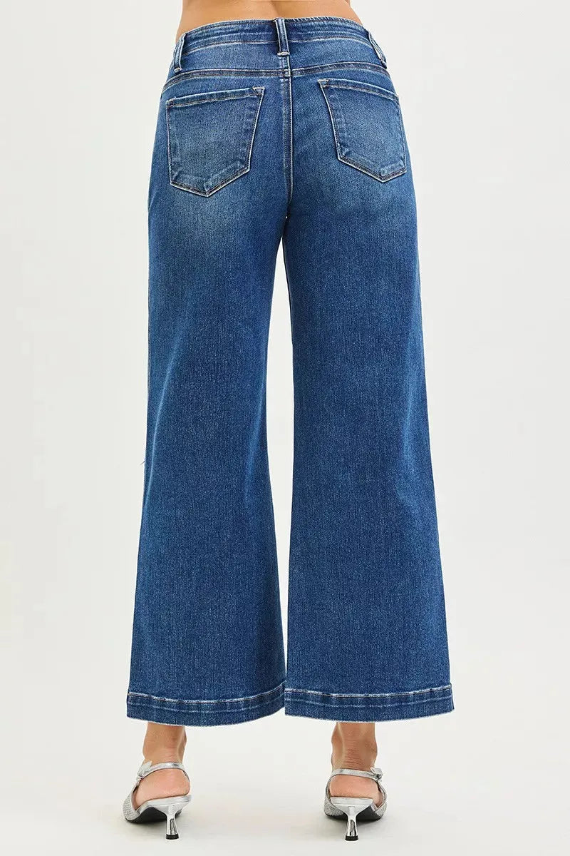 RISEN High Rise Wide Leg Jeans With Pocket Button Detail