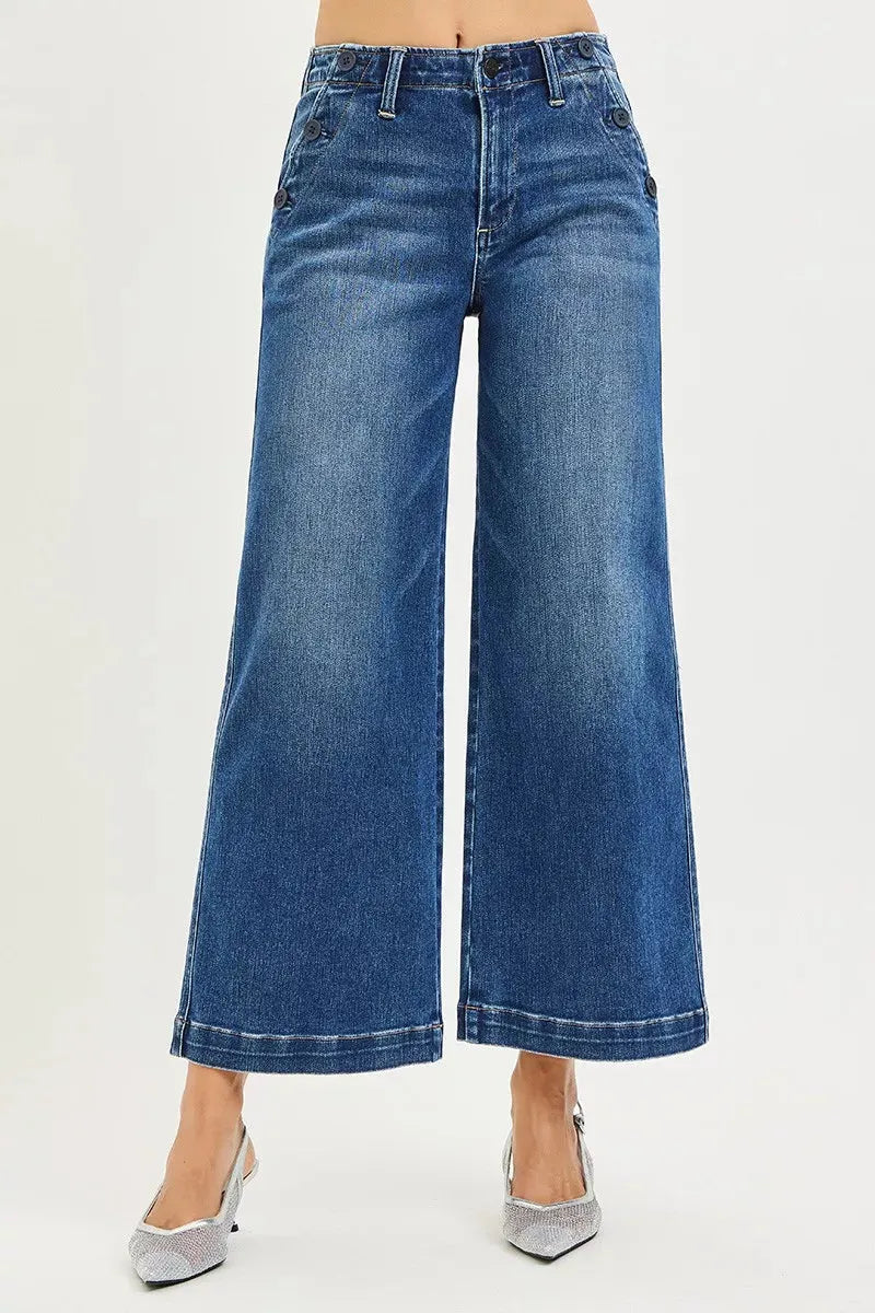 RISEN High Rise Wide Leg Jeans With Pocket Button Detail