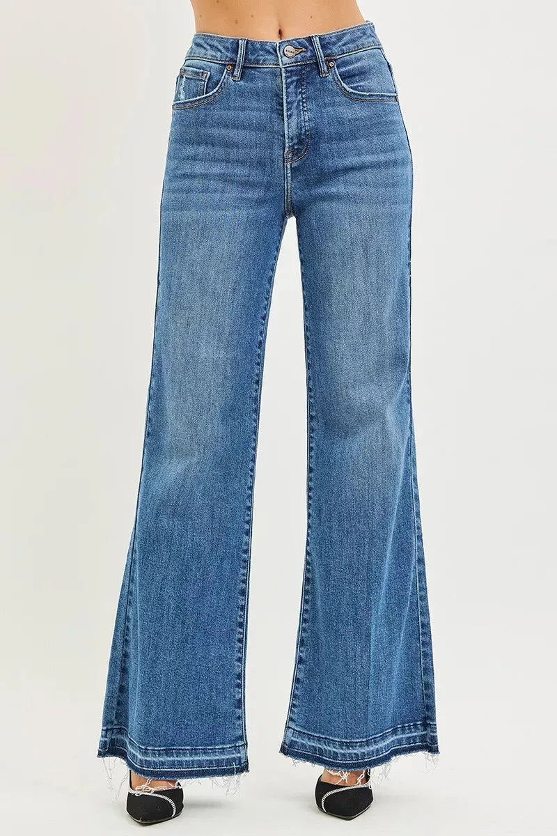RISEN High Rise Wide Leg Jeans With Released Hem