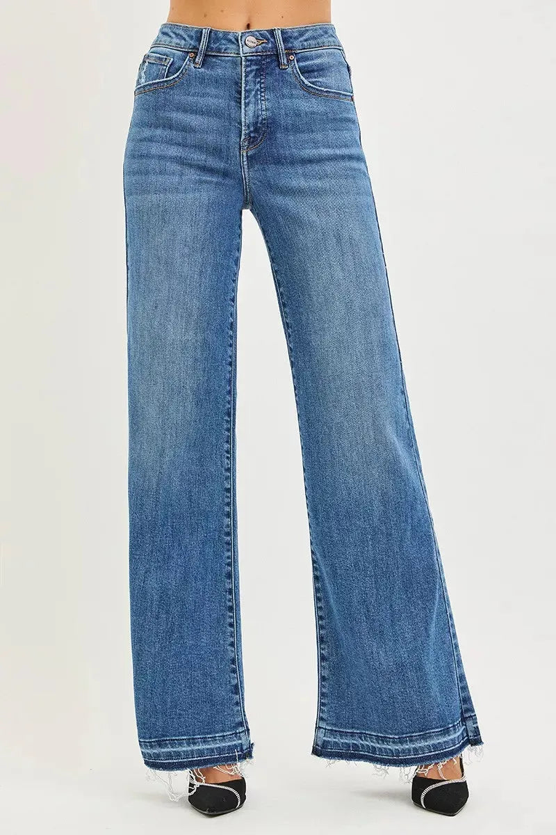 RISEN High Rise Wide Leg Jeans With Released Hem