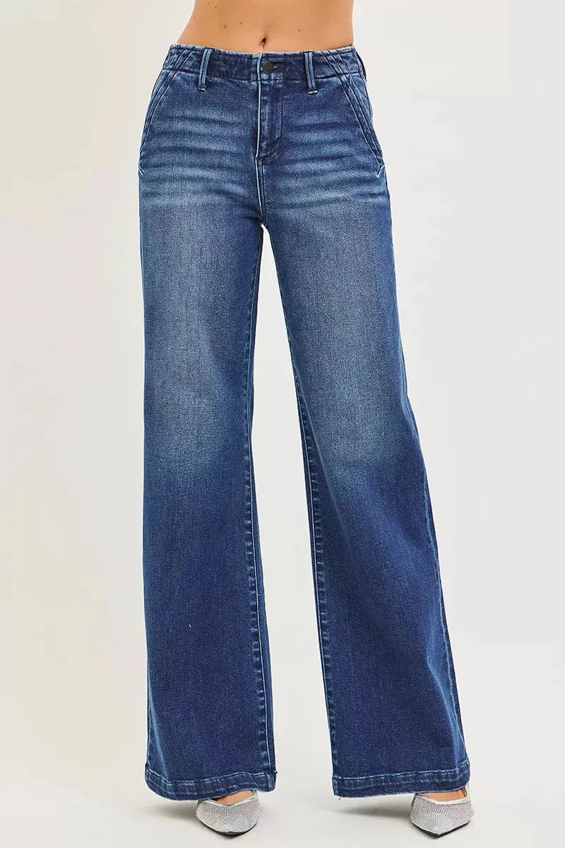 RISEN High Rise Wide Leg Slanted Pocket Jeans