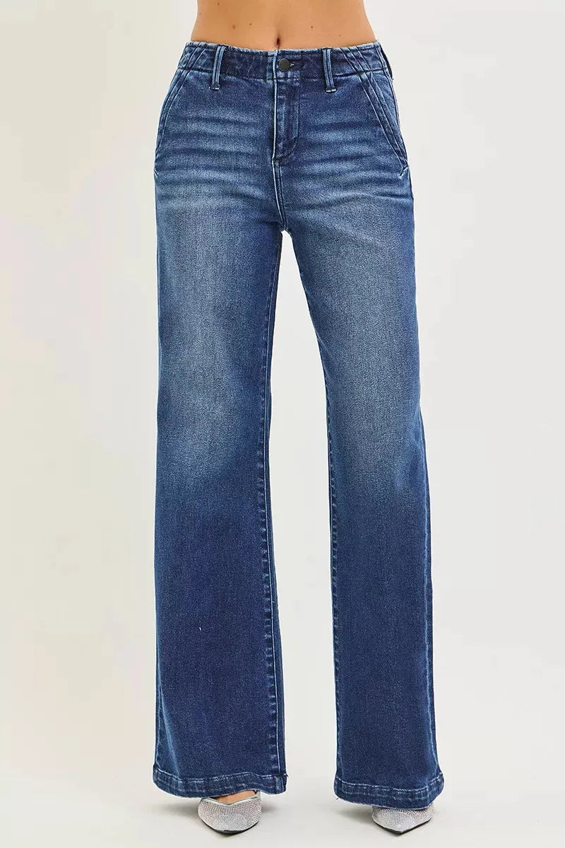 RISEN High Rise Wide Leg Slanted Pocket Jeans