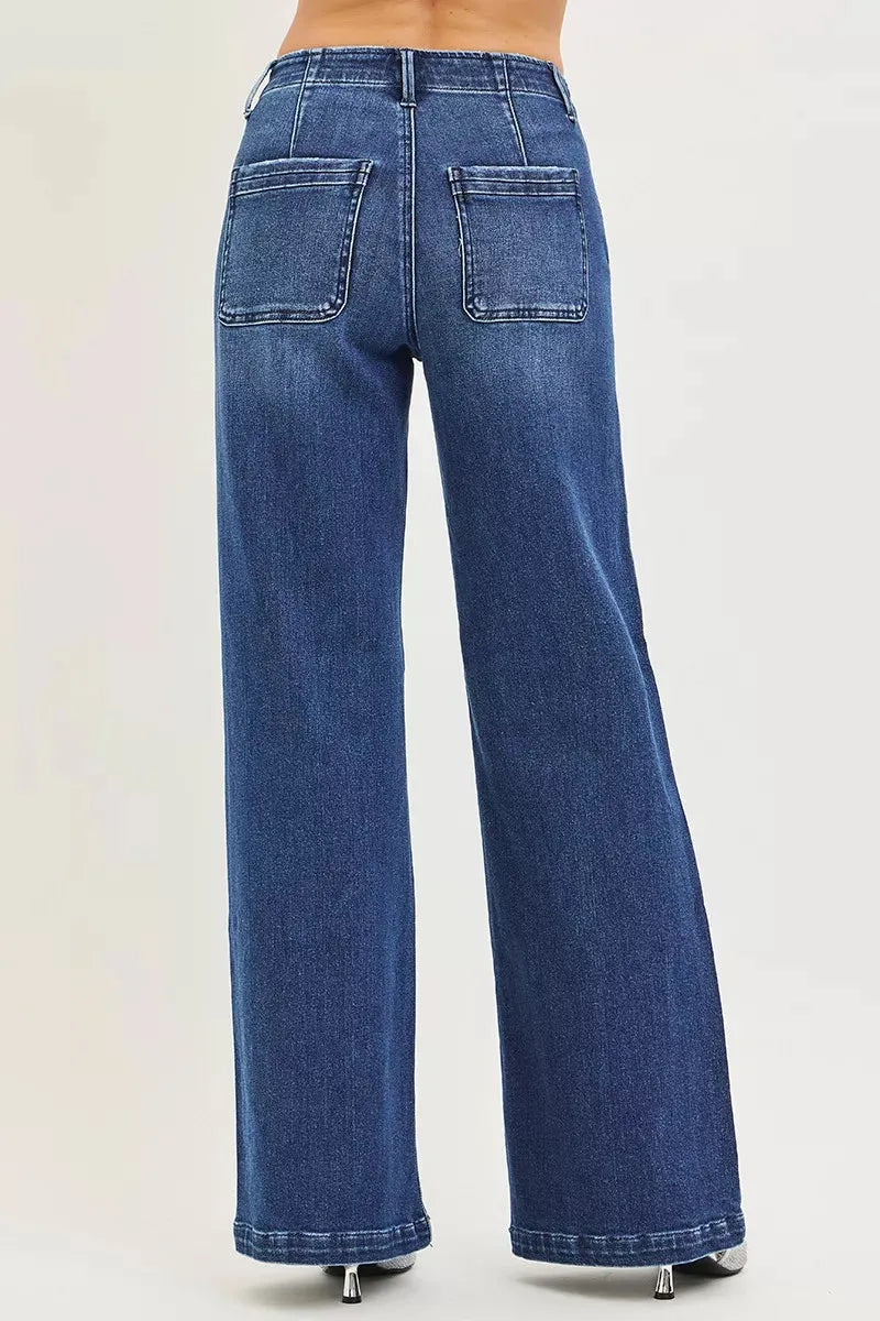 RISEN High Rise Wide Leg Slanted Pocket Jeans