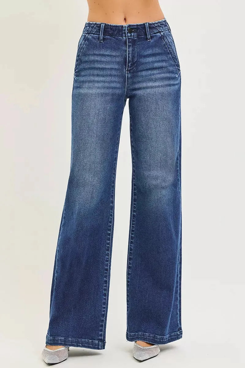 RISEN High Rise Wide Leg Slanted Pocket Jeans