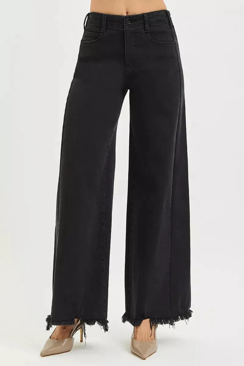 RISEN Tummy Control High Rise Palazzo Leg Frayed Hem Jeans