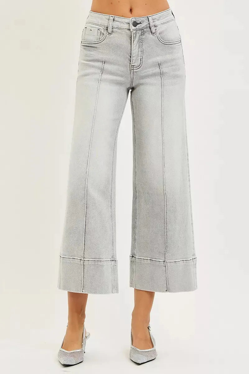 RISEN Tummy Control Mid Rise Crop Wide Pintuck Front Jeans