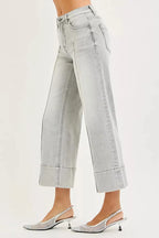 RISEN Tummy Control Mid Rise Crop Wide Pintuck Front Jeans