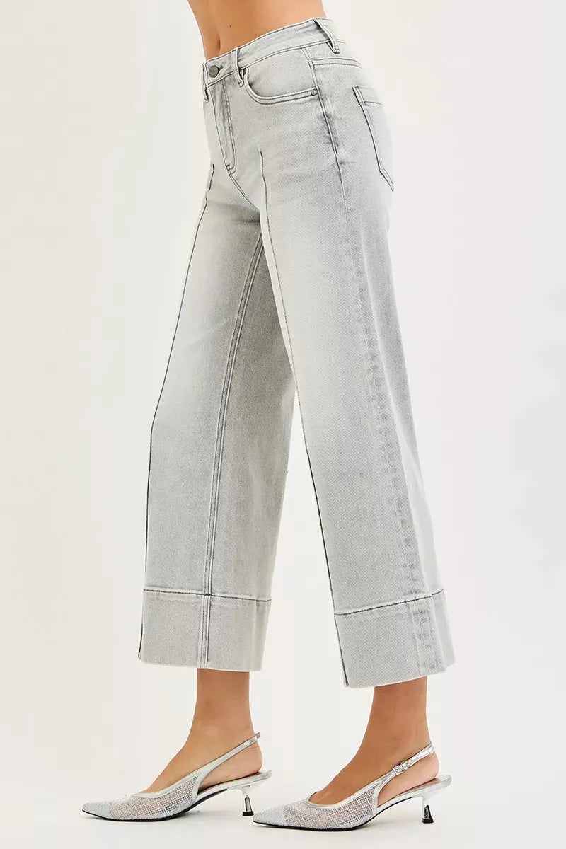 RISEN Tummy Control Mid Rise Crop Wide Pintuck Front Jeans