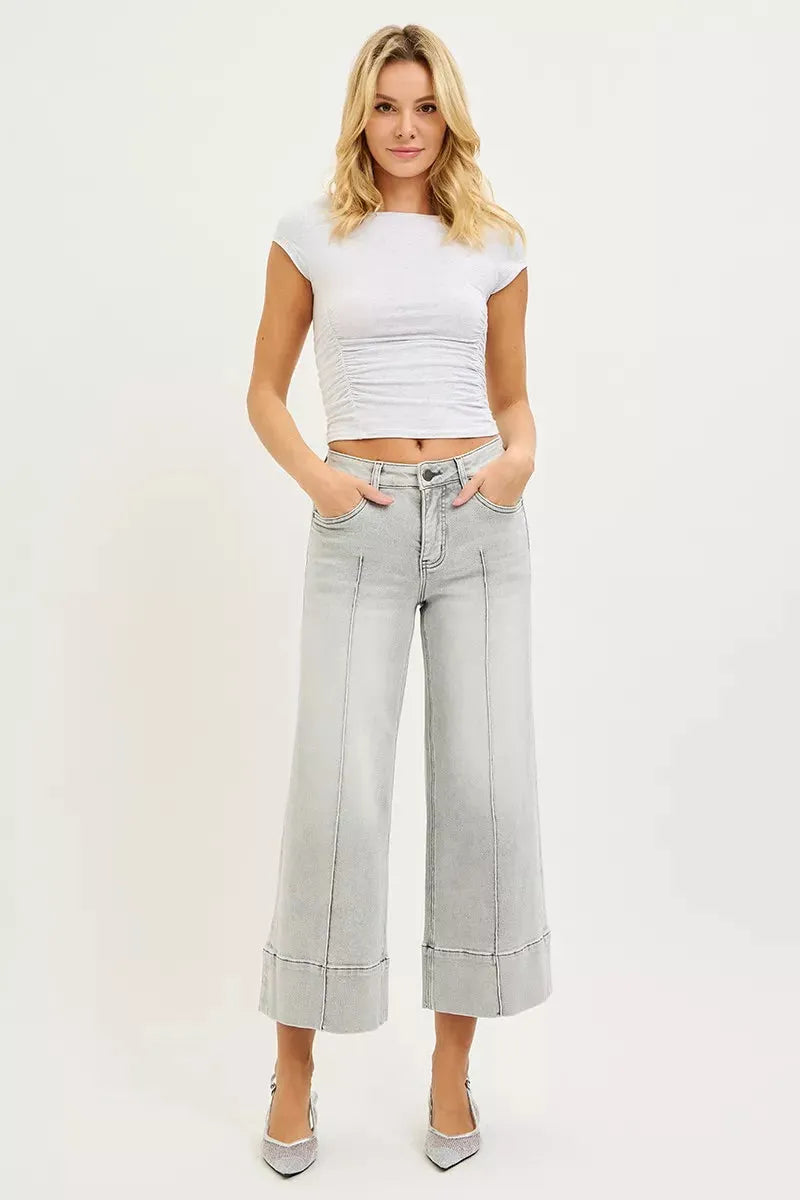 RISEN Tummy Control Mid Rise Crop Wide Pintuck Front Jeans