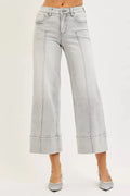RISEN Tummy Control Mid Rise Crop Wide Pintuck Front Jeans