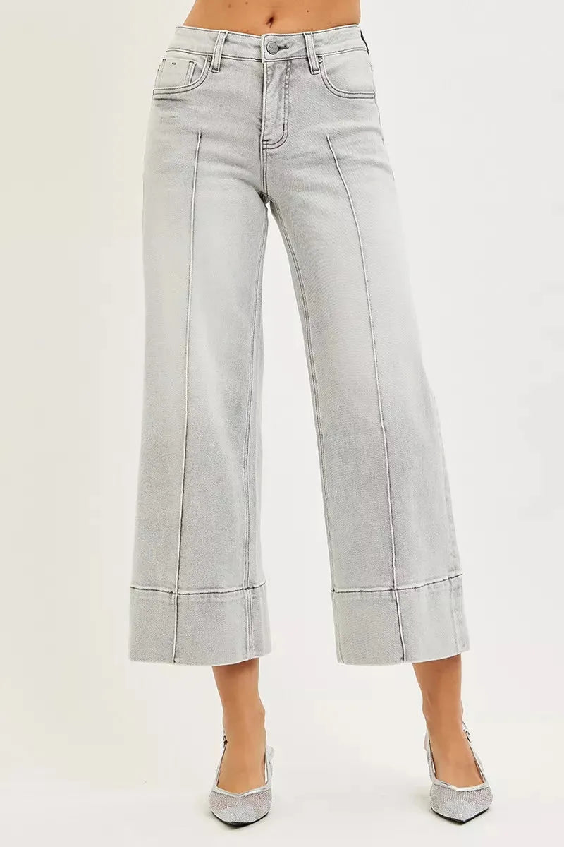 RISEN Tummy Control Mid Rise Crop Wide Pintuck Front Jeans