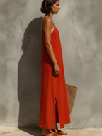Red Cotton Spaghetti Strap Dress with Square Neck - Boho Resort Wear for Women
